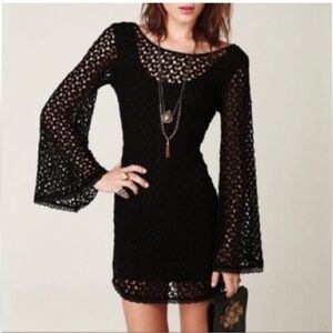 Free People Gypsy Crochet Bell Sleeve Minidress Black Stretch Size Small